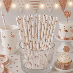 Hvite Sugerør med Rose Gold Flamingoer